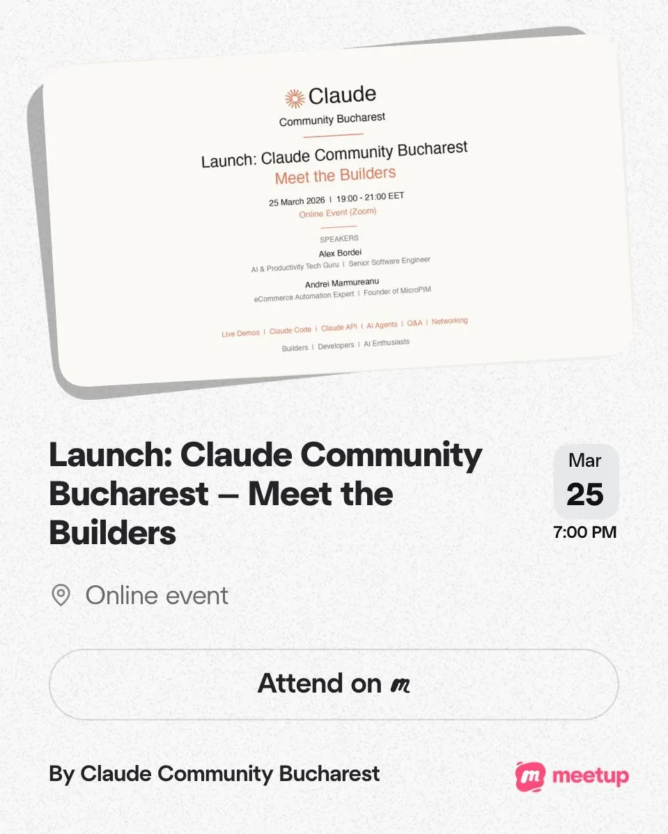 Launch card for Claude Community Bucharest — Meet the Builders, 25 March 2026, with speakers Alex Bordei and Andrei Marmureanu.